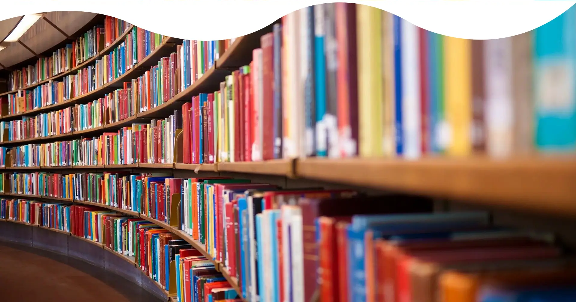 A row of books on shelves in a library.